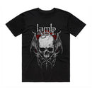 Black t-shirt with a skull and bat design and 'Lamb of God' text on a white background