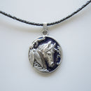 Leather Necklace Western Horse Oval Blue Enamel Metal Charm Pendant