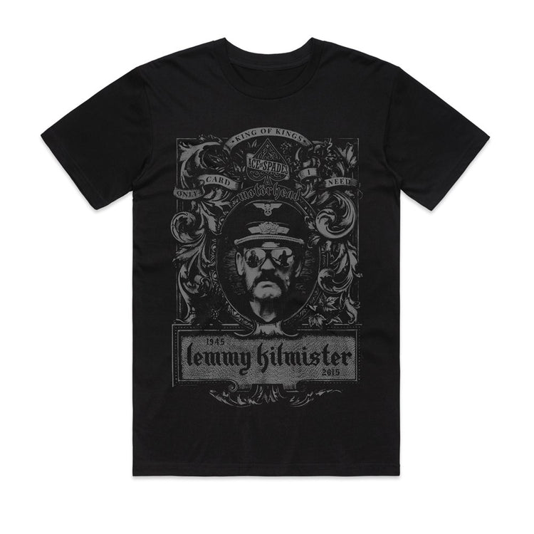 Black t-shirt with graphic design and text on a white background