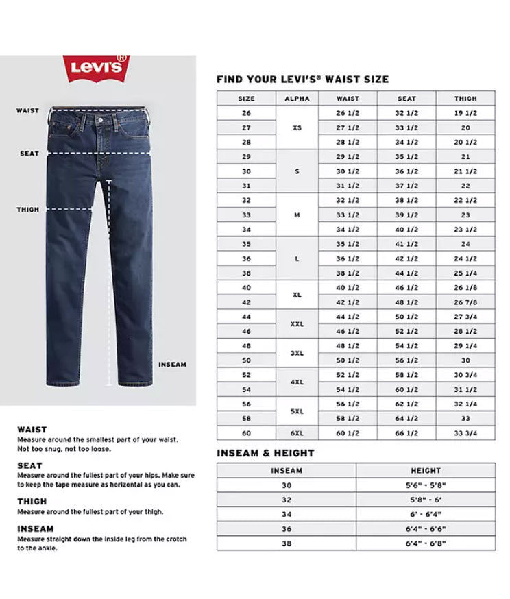Levi's waist size chart with a blue jeans illustration on a white background