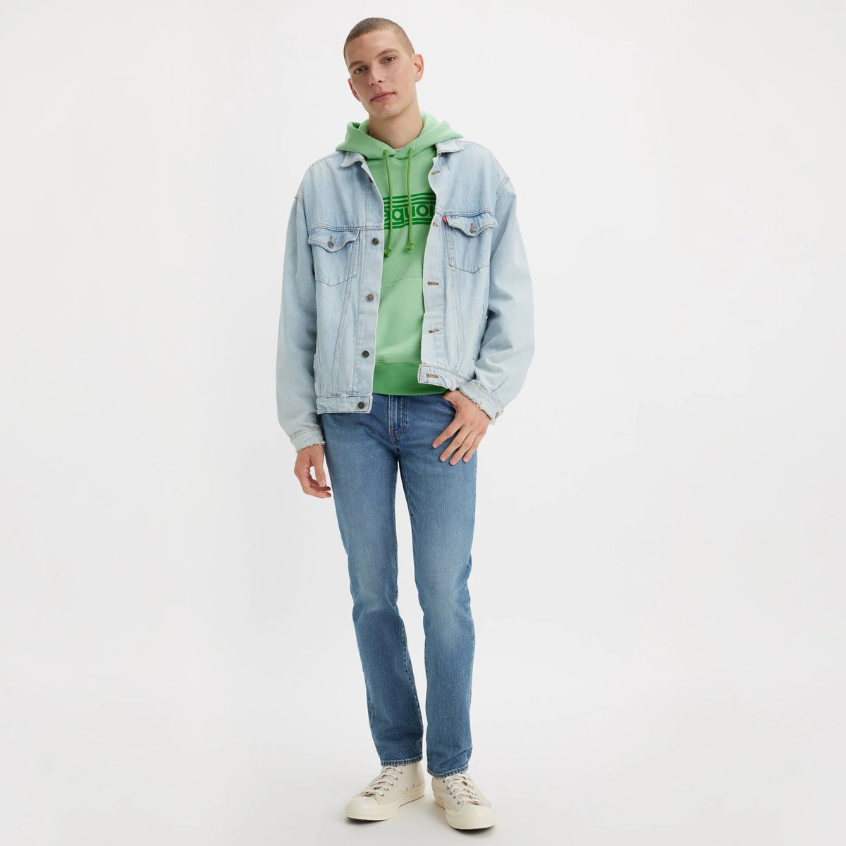 Person wearing a light blue denim jacket, green hoodie, and jeans on a white background