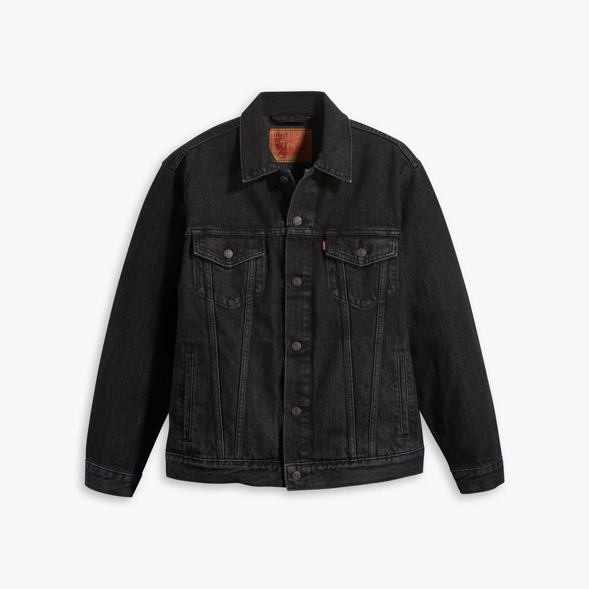 Black denim jacket on a white background