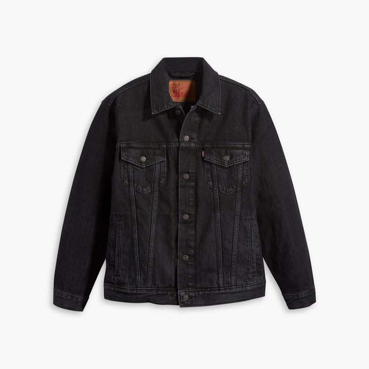 Black denim jacket on a white background
