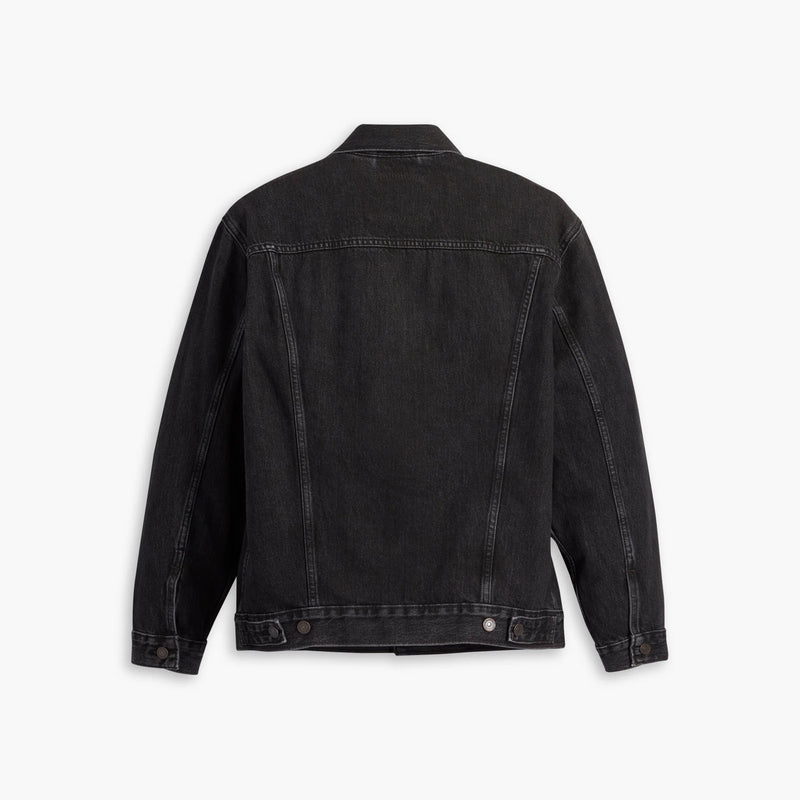 Black denim jacket on a white background