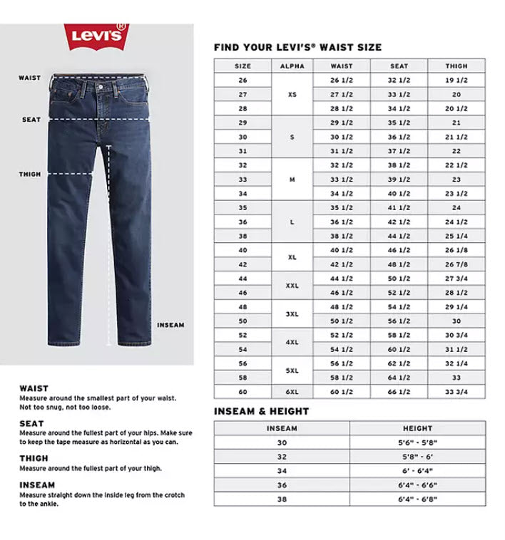 Levi's waist size chart with a diagram of jeans and measurement instructions.