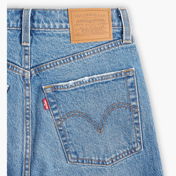 Close-up of Levi's jeans with brand label and logo on a white background