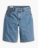 Blue denim shorts on a white background