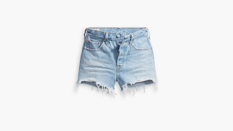 Levi's light blue denim shorts on a white background