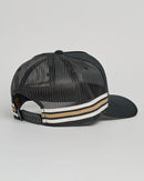 Black mesh cap with white and beige stripes on a gray background
