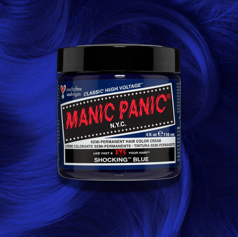Manic Panic hair color cream jar on a blue textured background
