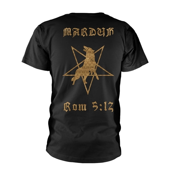 Black t-shirt with gold graphic and text on a white background