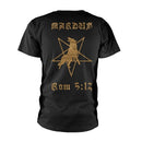 Black t-shirt with gold graphic and text on a white background
