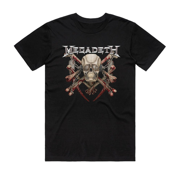 Black t-shirt with Megadeth logo and skull design on a white background