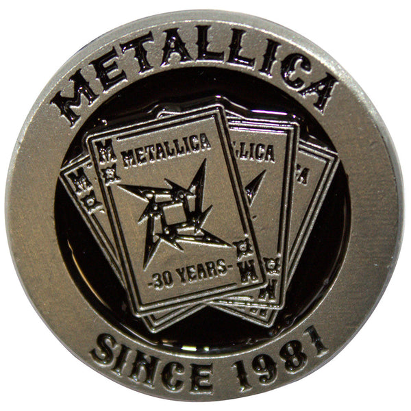 Metallica commemorative coin with '30 Years' and 'Since 1981' text on a white background