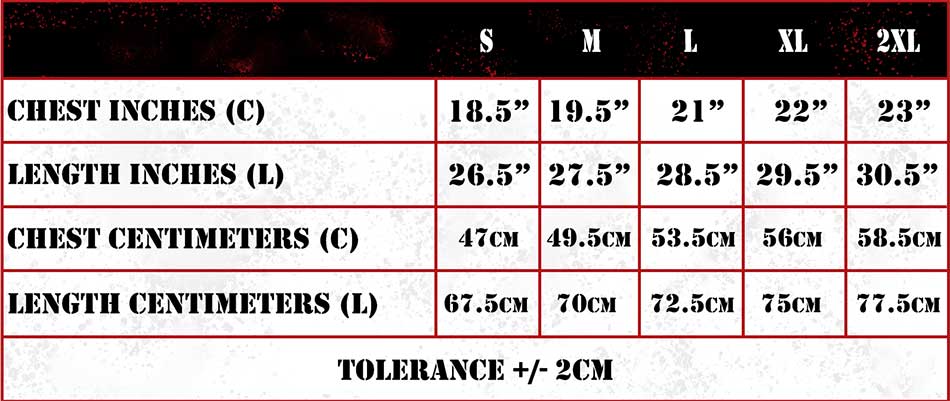 Size chart for clothing with chest and length measurements in inches and centimeters.