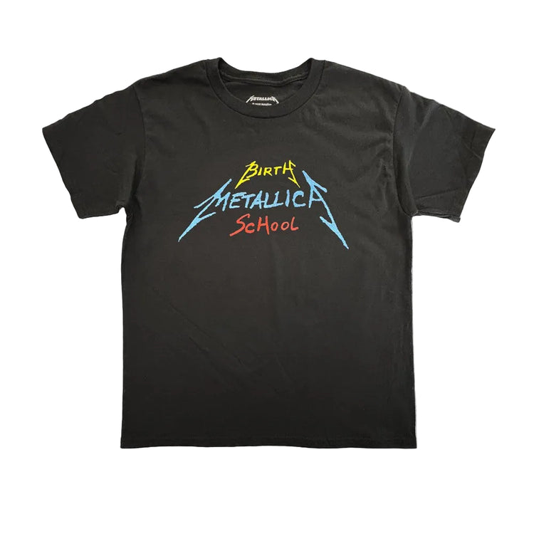 Black t-shirt with colorful graphic design on a textured white background