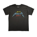 Black t-shirt with colorful graphic design on a textured white background