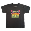 Black t-shirt with colorful graphic design on a textured white background