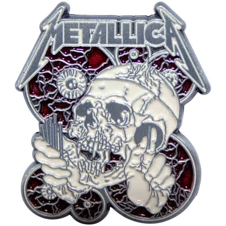 Metallica logo with a skull and crossed swords design on a white background