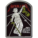 Metallica 'And Justice For All' album cover with a figure holding a sword and scales.