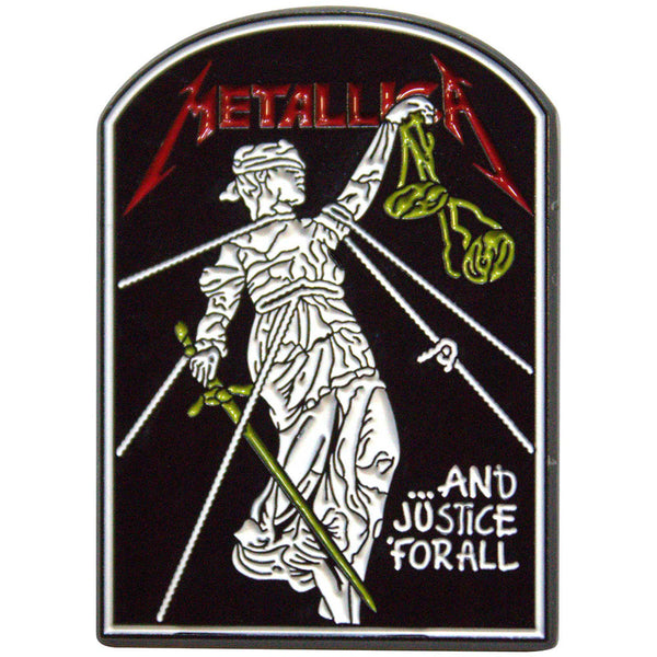Metallica 'And Justice For All' album cover with a figure holding a sword and scales.