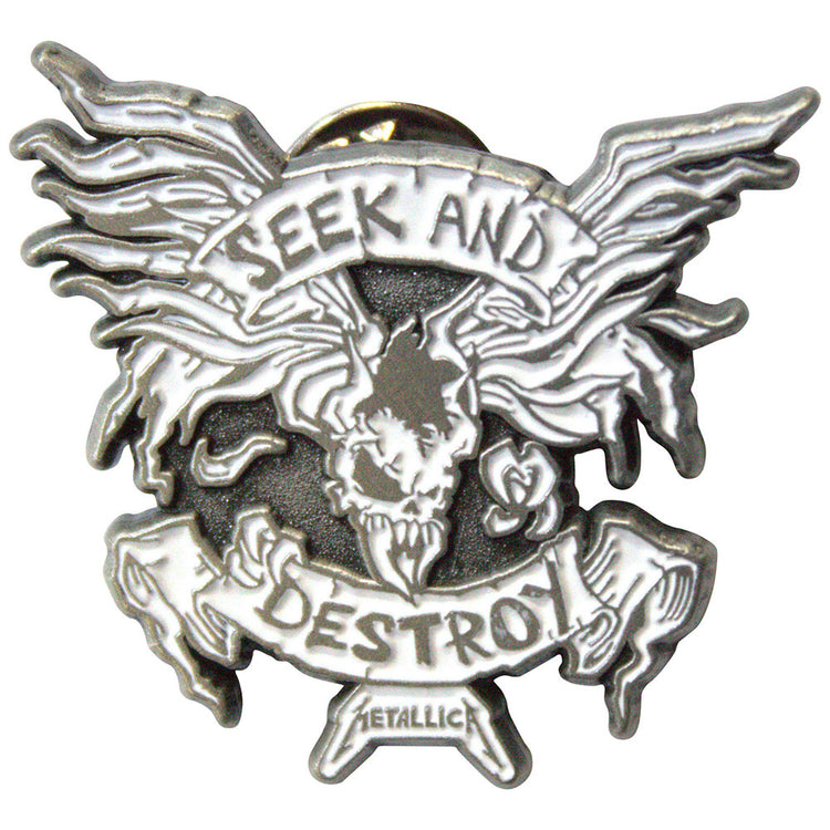 Metallic pin with skull design and 'Seek and Destroy' text on a white background