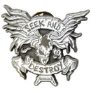 Metallic pin with skull design and 'Seek and Destroy' text on a white background