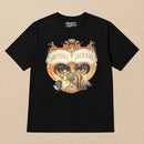 A black short-sleeve graphic t-shirt featuring a large Michael Jackson-themed print on the front with the text 'MICHAEL JACKSON' and a stylized face design, shown flat against a light beige background.