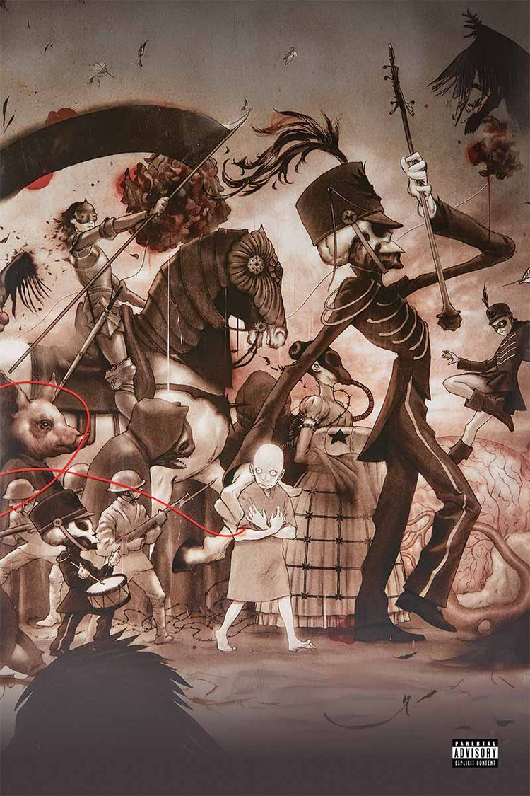 Artistic depiction of 'The Black Parade' by My Chemical Romance with a skeleton in a suit with a sword, surrounded by other figures and elements, on a dark background.
