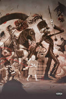 Artistic depiction of a skeleton in a suit with a sword, surrounded by other figures and elements, on a dark background.