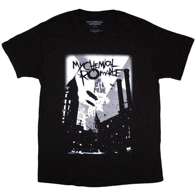 Black t-shirt with 'My Chemical Romance' graphic design on a white background