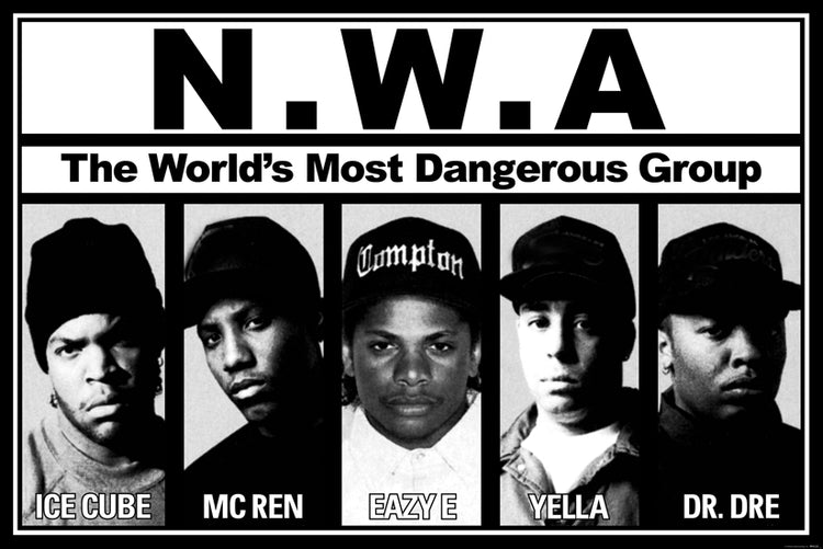 Black and white poster of N.W.A with member names and 'The World's Most Dangerous Group' text.