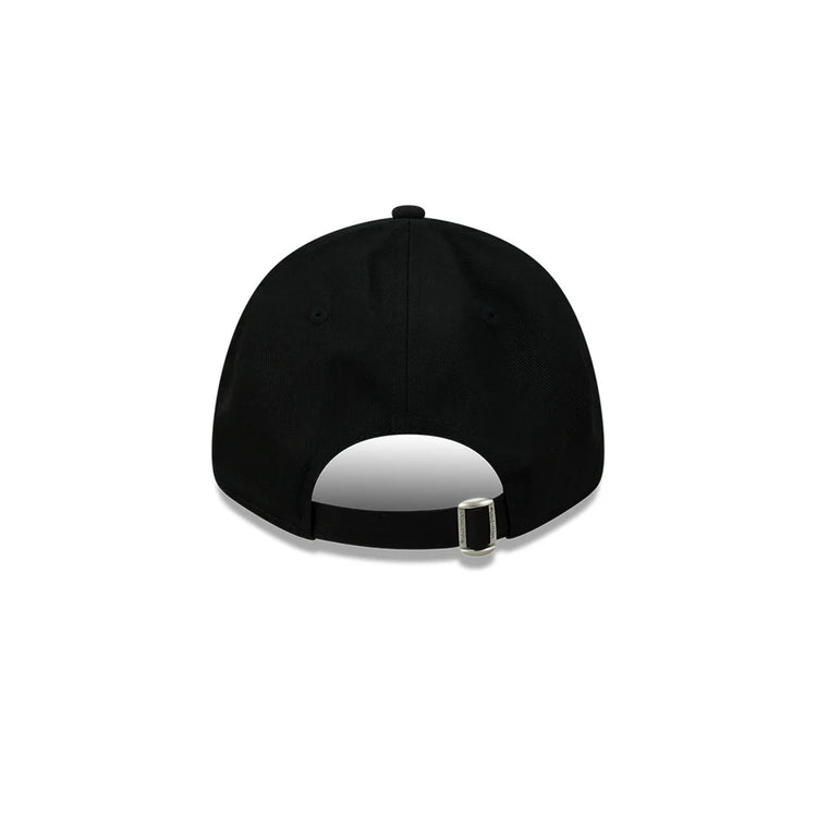 Black cap with a strap on a white background