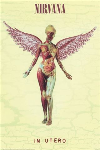 Album cover for Nirvana's 'In Utero' with a winged figure and visible text.