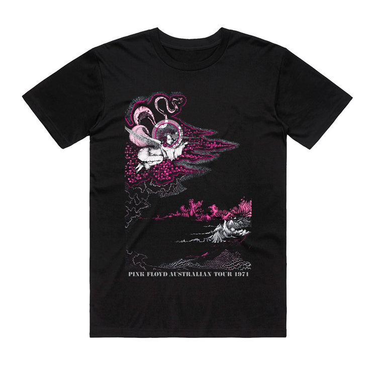 Black t-shirt with Pink Floyd graphic design on a white background