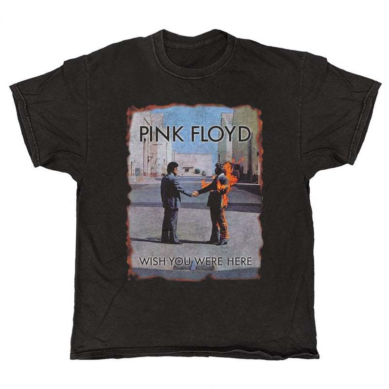 Black t-shirt with Pink Floyd 'Wish You Were Here' graphic design on a white background