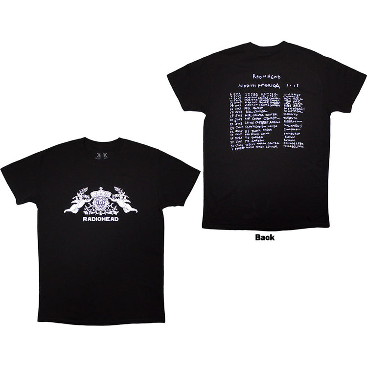 Black t-shirt with Radiohead logo on front and text on back, on a white background