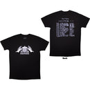 Black t-shirt with Radiohead logo on front and text on back, on a white background