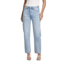 Light blue jeans worn by a person on a white background