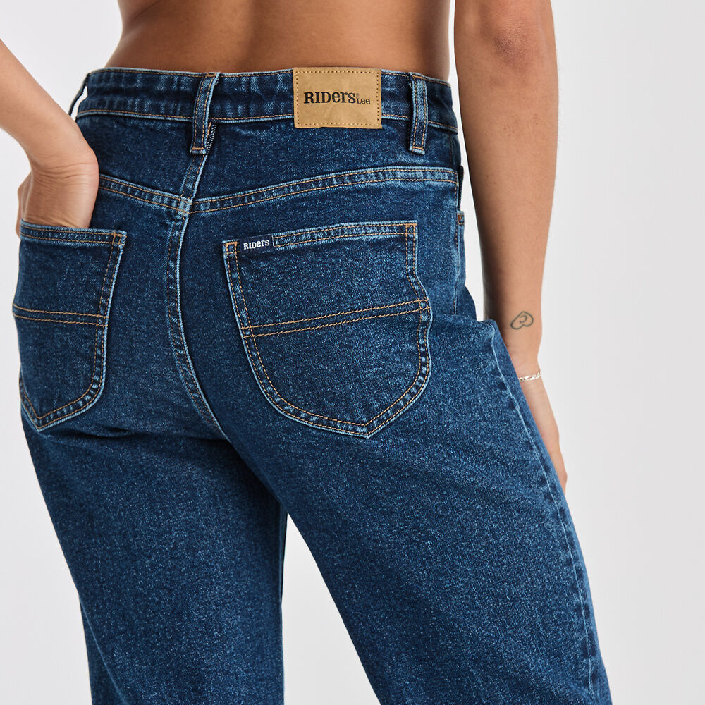 Blue jeans with a visible brand label on a white background