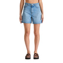 Person wearing light blue denim shorts on a white background