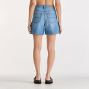 Person wearing light blue denim shorts on a white background