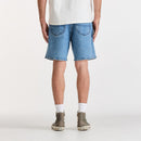 Person wearing blue denim shorts on a white background