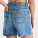 Blue denim shorts with a visible brand label on a plain background