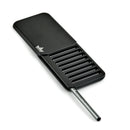 Black metal spatula with a handle on a white background