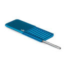 Blue metal tool with a cylindrical component on a white background