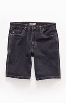 Black denim shorts on a white background