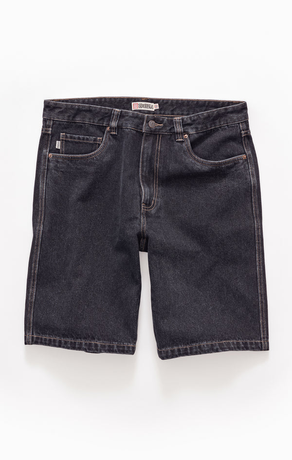 Black denim shorts on a white background