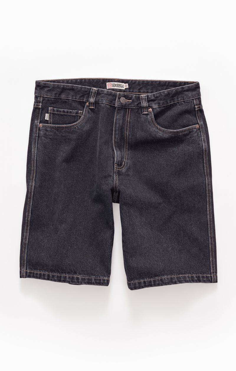 Black denim shorts on a white background