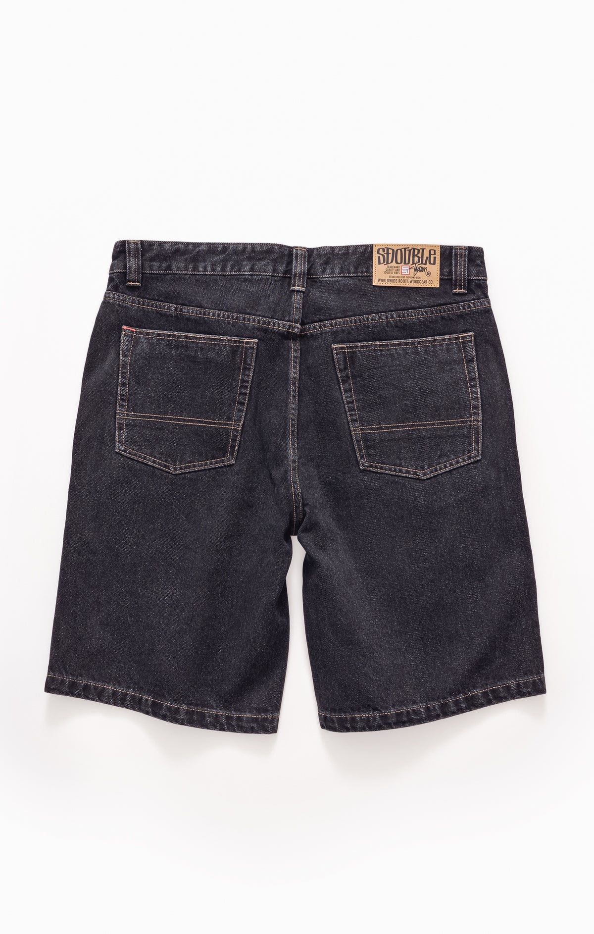 Back view of dark blue denim shorts with a brand label on a white background